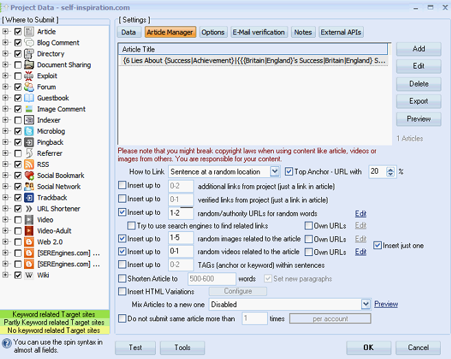 GSA Search Engine Ranker Article Manager