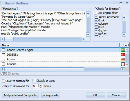 GSA Search Engine Ranker Footprints Selection