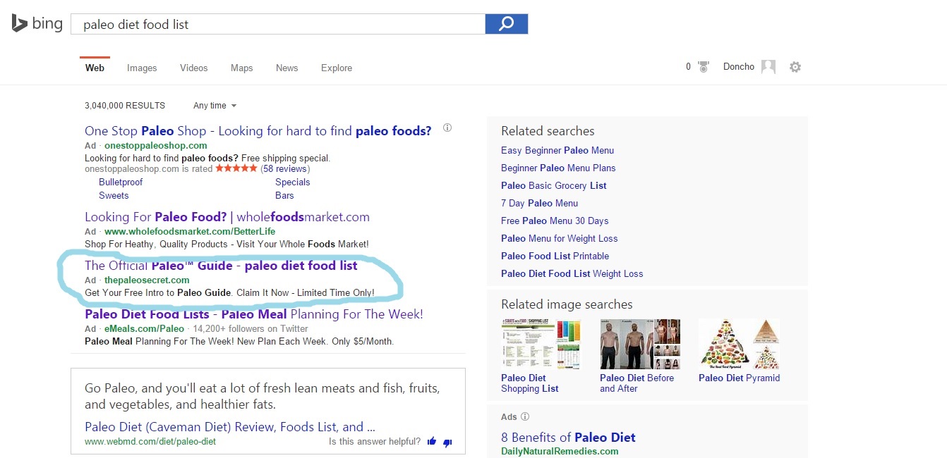 Bing PPC Ads Search for Paleo Diet Food List Squeeze Page