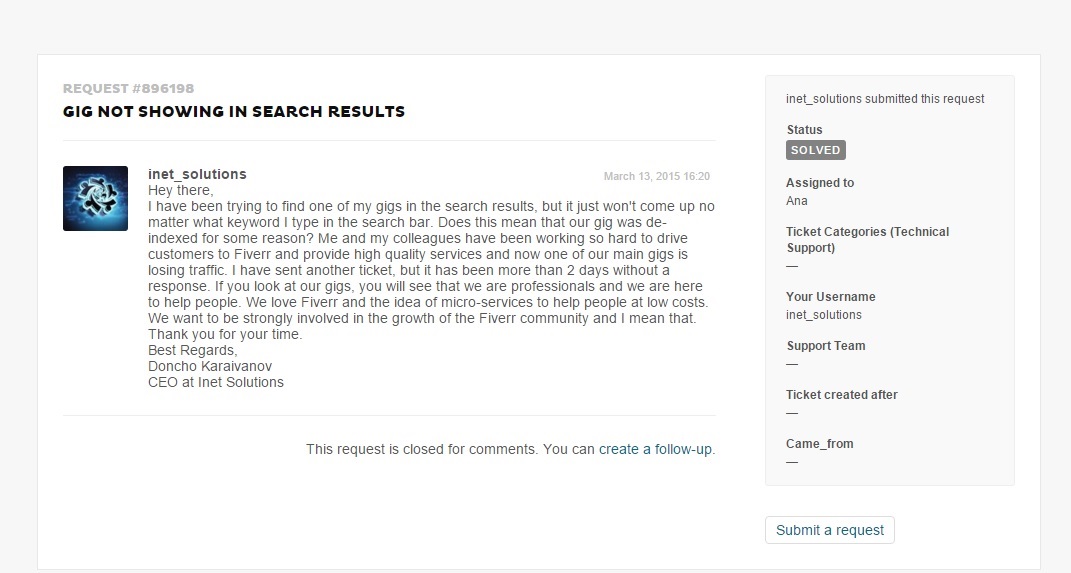 Fiverr Gig Support Ticket No Search Results
