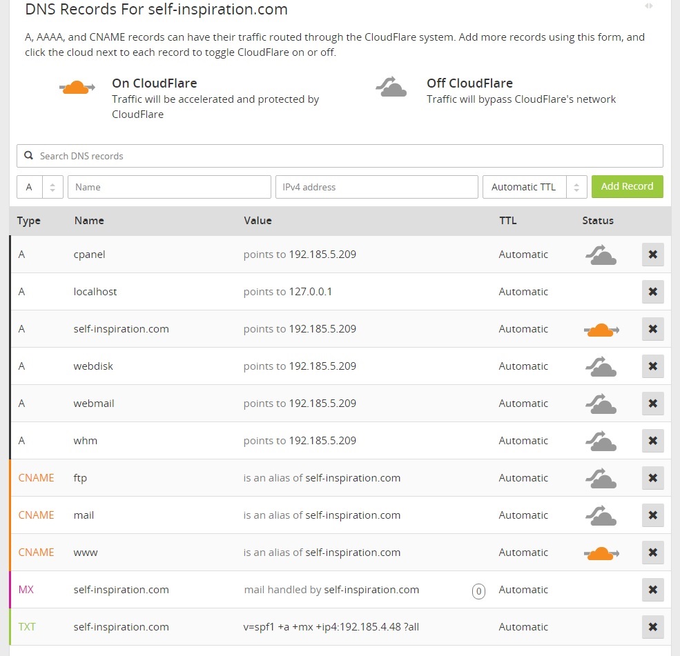 CloudFlare DNS Records Add New Site