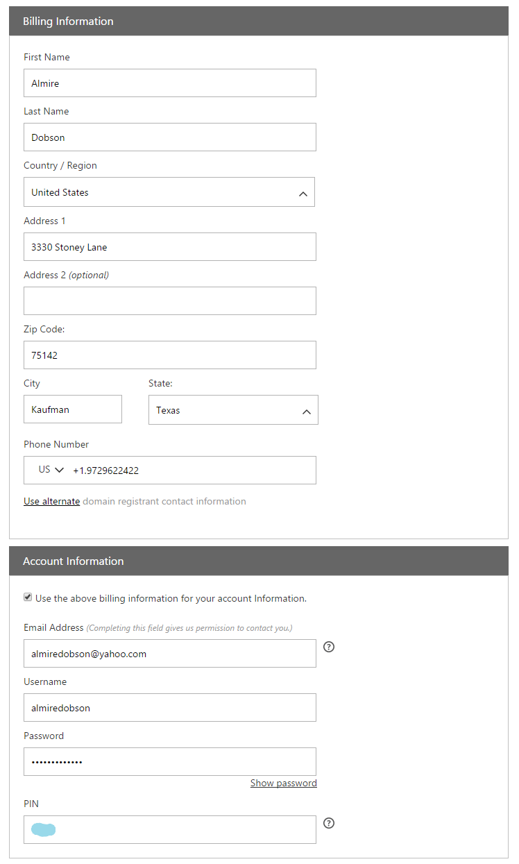 GoDaddy Domain Registration Billing Information Fill In