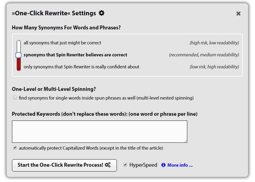 Spin Rewriter 7.0 One-Click Rewrite Settings