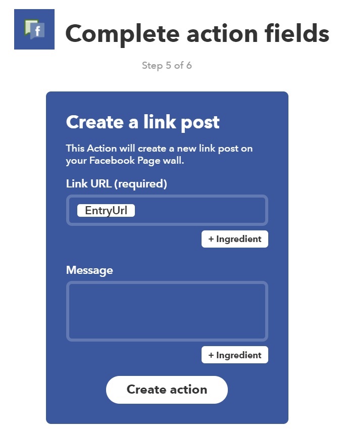 IFTTT New Applet Facebook Page Complete Action Fields